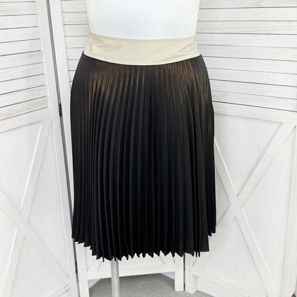 Karen Millen Shimmer Pleated Skirt Metallic Bronze Black Size 12 Knee Length